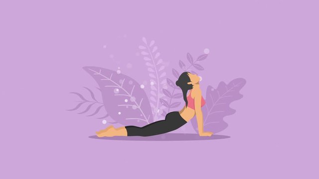 Woman does yoga exercise in nature. Cobra pose. Female cartoon character demonstrating yoga pose. Healthy lifestyle. Loop animation.