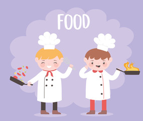 chefs boy cartoon character saucepan fire and vegetables