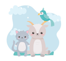 cute goat cat and parrot cartoon animals in a natural landscape