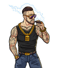 Rich major with cigar - cartoon character in game style. Boss gangster in sunglasses and gold chain. Brutal man smokes a cigar near the club. Fashionable rapper with cigar in hand. Boy with gold watch