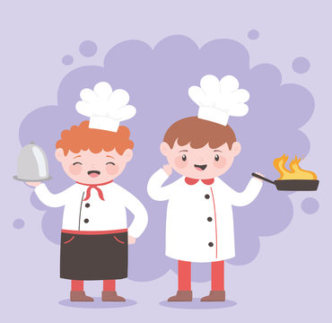 chefs boy cartoon character with fried pan and platter