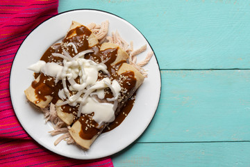 Mexican chicken enchiladas with mole sauce on turquoise background