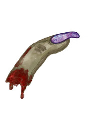 Watercolor spooky green zombie cut off finger with blood and manicure. Hand drawn halloween decorative element, isolated on white background. 