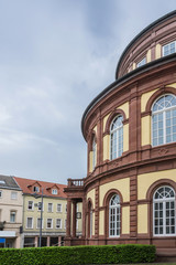 Fototapeta premium View of Saalbau (1871 - 1873) - centre of cultural life in Neustadt. Neustadt-an-der-Weinstrasse - town in Rheinland-Pfalz, heart of German Wine Road (Deutsche Weinstrasse).