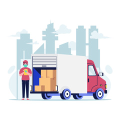 Delivery man in a medic mask with truck flat design vector illustration. Flat design vector illustration