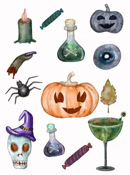 Halloween watercolor clipart set. Hand drawn pumpkins, eyeball, skull, witch hat, cut off finger, green punch drink, poison bottle, halloween sweets, spider and candle halloween set. Happy Halloween.