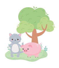 cute gray cat piggy and tree cartoon animals in a natural landscape