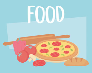 food healthy nutrition vitamin cartoon pizza tomatoes bread roller pin