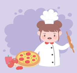 cute girl chef cartoon character holding rolling pin and pizza