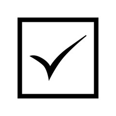 Back check mark in black square on white background. Tick icon vector symbol, checkmark isolated on white background, checked icon or correct choice sign, check mark or checkbox pictogram.