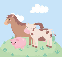 cute horse cow and pig in the grass cartoon animals natural landscape