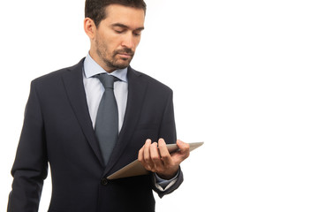 businessman using tablet isolated on white background