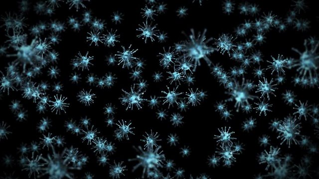 Flying many virus cells on black background. Medical concept, Microscopic illustration. 3D animation of virus molecule rotating. Loop animation.