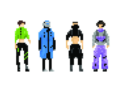 Collection of static images of people in different futuristic clothing. All illustrations are made in the pixel art style on a white background.