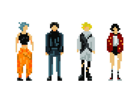 Collection of static images of people in different futuristic clothing. All illustrations are made in the pixel art style on a white background.