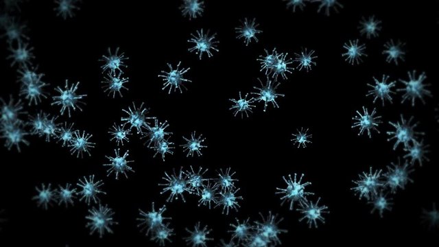 Flying many virus cells on black background. Medical concept, Microscopic illustration. 3D animation of virus molecule rotating. Loop animation.