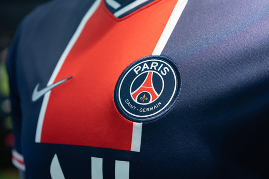 Close-Up on Logo of PSG Paris Saint Germainfootball club on an official 2020 jerseys