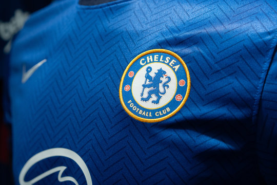 Close-Up on Logo of Chelsea football club on an official 2020 jerseys 