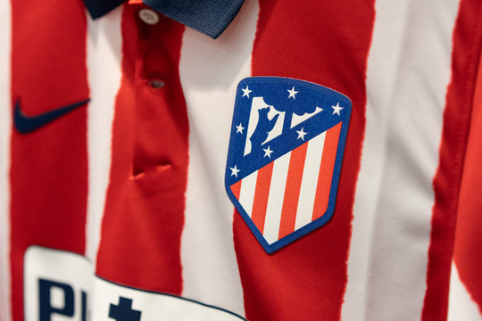 BANGKOK,THAILAND -AUGUST 15: Close-Up on Logo of  Atl&eacute;tico Madrid Football Club on an official 2020 jerseys on August 15,2020