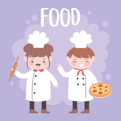 chefs boy and girl with pizza and rolling pin cartoon character