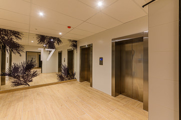 Russia, Moscow- February 10, 2020: interior public place, house entrance. doors, walls, staircase corridors