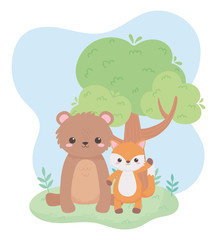 cute little bear fox tree meadow cartoon animals in a natural landscape