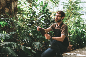 Young man gardener in glasses and apron with digital tablet working in a garden center for better quality control. Environmentalist using digital tablet in greenhouse.