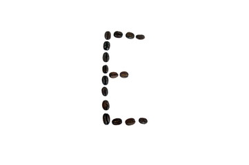 Alpha numeric set of individual letters A to Z and numbers 0-9, made using coffee beans. These symbols, of or digit or character are unique font type ror font face, on white background, hand made.