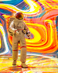 astronaut is walking in a psychedelic background