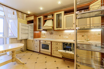 Russia, Moscow- February 10, 2020: interior room apartment modern bright cozy atmosphere. general cleaning, home decoration, preparation of house for sale. modern kitchen, dining area