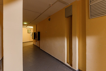 Russia, Moscow- February 10, 2020: interior public place, house entrance. doors, walls, staircase corridors