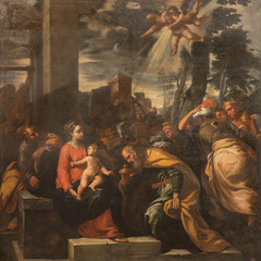 FERRARA, ITALIEN - 30. JANUAR 2020: Das Gemälde der Anbetung der Baummagi in der Kirchenbasilika San Giorgio fuori le mura von Giacomo Bambini (1582 - 1629). © Renáta Sedmáková