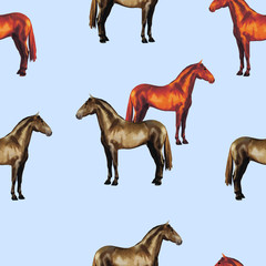 seamless background of realistic figures of horses, on a blue background for packaging, postcards, notebooks, fabrics