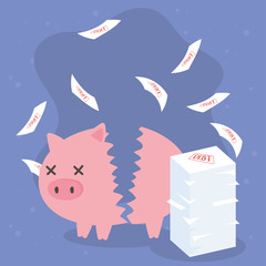 bankruptcy broken piggy bank and stack of debt papers business financial crisis