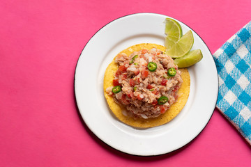 Canned tuna ceviche with chili pepper and tomato on pink background