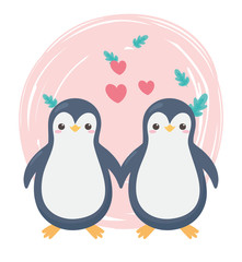 cute couple penguin hearts leaves cartoon animals in a natural landscape