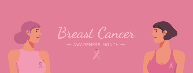 breast cancer awareness web banner for support and health care concept, cute female characters with typography quote and pink ribbon, vector flat illustration 