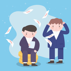 bankruptcy businessmen sitting on coins with debt sheets business financial crisis