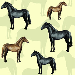 seamless background of realistic figures of horses, on a white background for packaging, postcards, notebooks, fabrics