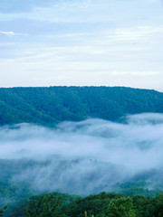 fog in the valley below a scenic overlook along the skyway motorway in the talladega national forest, alabama, usa