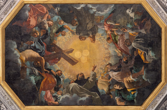 FERRARA, ITALY - JANUARY 30, 2020: The "The condemnation of the eresia" paint on the ceiling in church Chiesa di Santa Maria in Vado by Carlo Bononi (1569 - 1632).