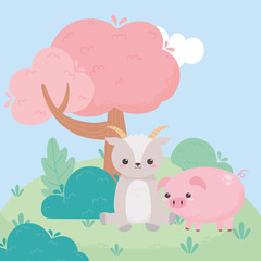 cute goat sitting and pig tree bushes grass cartoon animals in a natural landscape