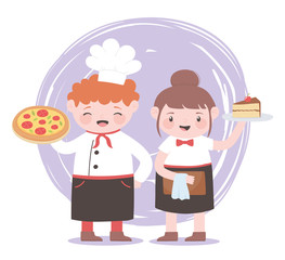 chefs girl and boy with pizza and slice cake characters