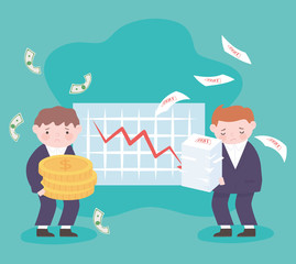 bankruptcy businessmen holds coins and sheets chart down arrow business financial crisis