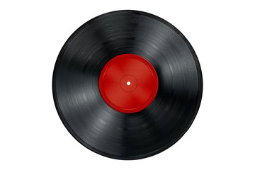 Naklejka premium Vinyl record with red blank label isolated on white background