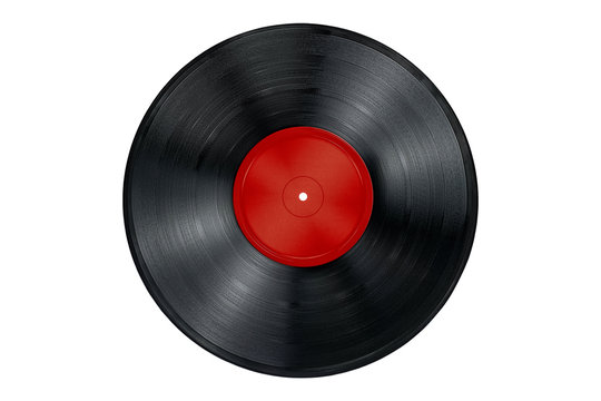 Vinyl record with red blank label isolated on white background