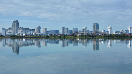 view of the modern Minsk from the side of the reservoir Drozdy