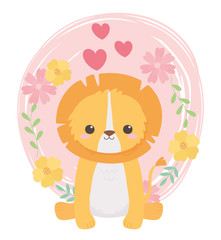 cute lion sitting with flowers hearts cartoon animals