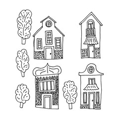 Hand-drawn sketch set of houses and trees.