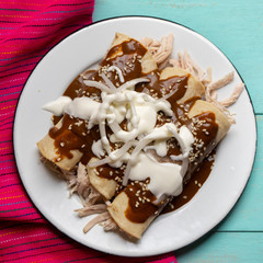 Mexican chicken enchiladas with mole sauce on turquoise background